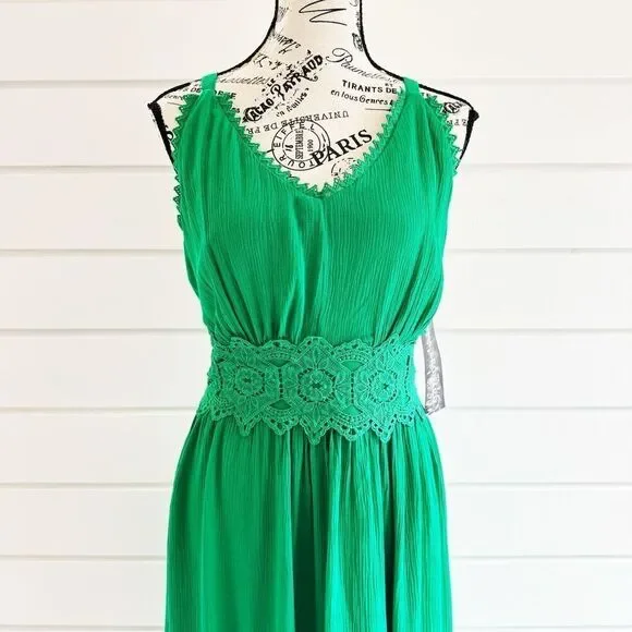 Nina Leonard Women’s Sleeveless Lace Trim Maxi Dress Bright Green Medium NWT - Picture 4 of 10